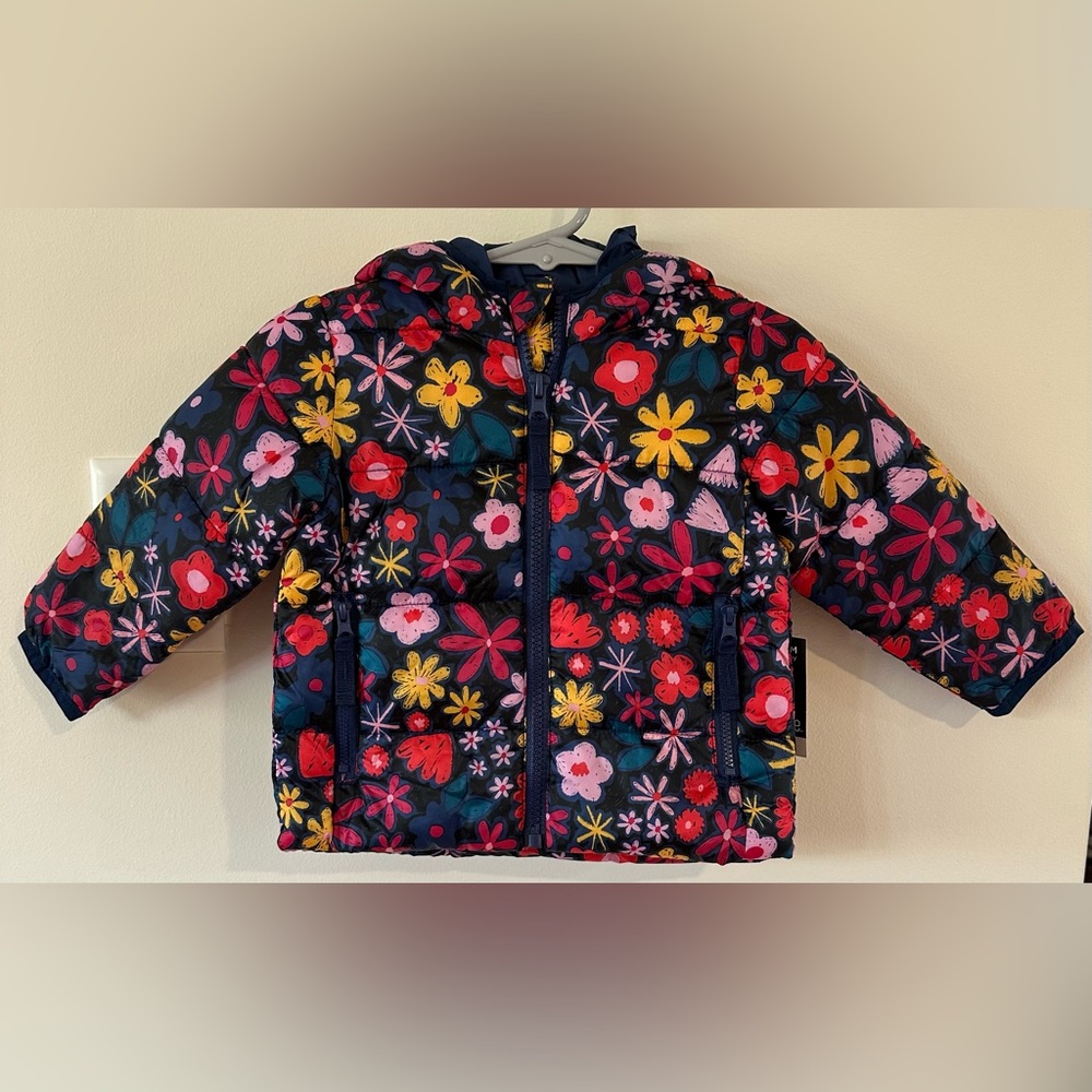 Okie Dokie Baby Girls Blue Floral Packable Midweight Puffer Jacket NWT S…